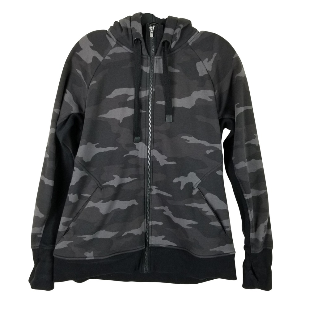 Athleta Full Zip Hoodie Women Large Black Grey Camo Fleece Lined Thumbholes